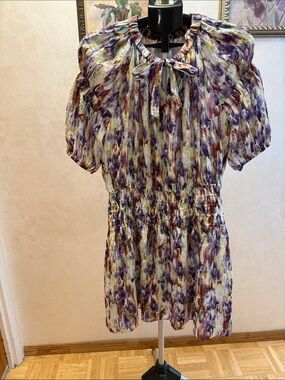 Tanya Taylor Lavender, Purple and Cream Painterly Tie-Neck Mini Dress